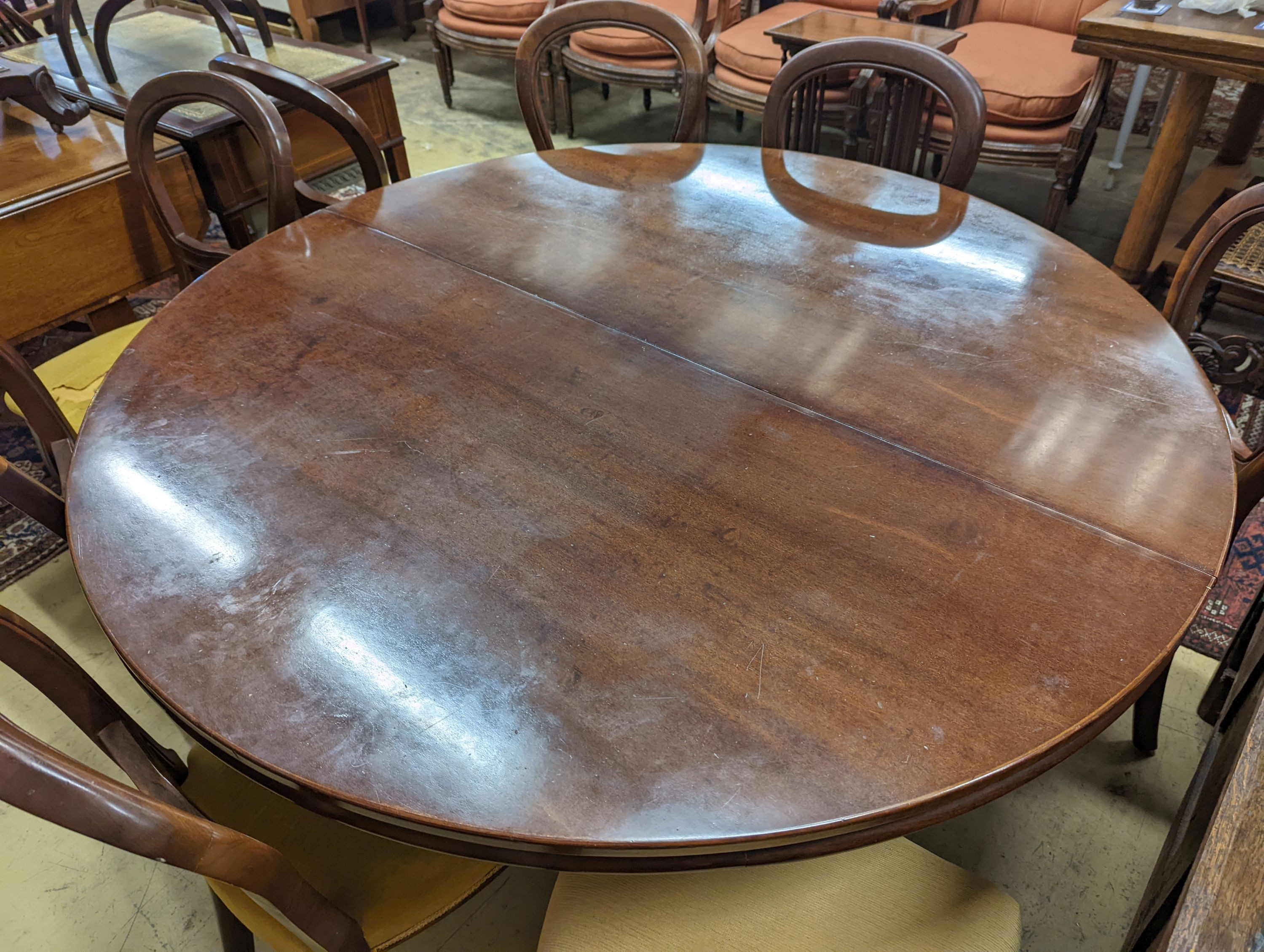 A set of eight 19th century South African mahogany dining chairs and a mahogany extending dining table, 130cm diameter, height 74cm